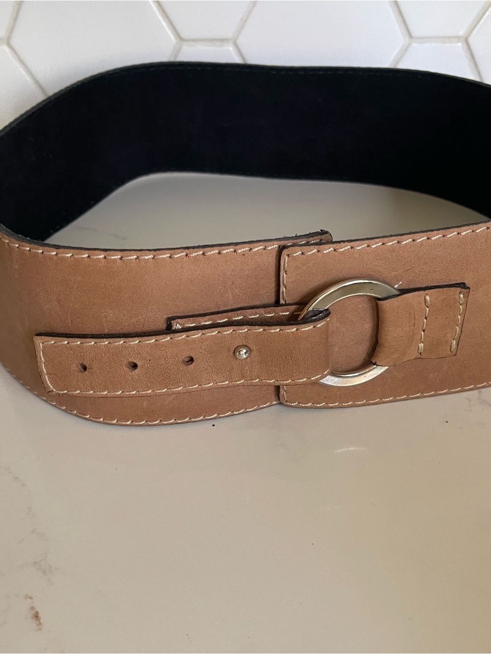 Wide Tan Women's Stretch Belt with Silver Ring Accent